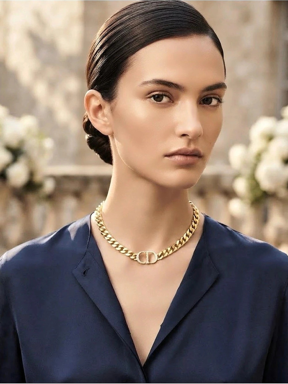 Luxury Gold-Tone CD Crystal Curb Chain Choker Necklace